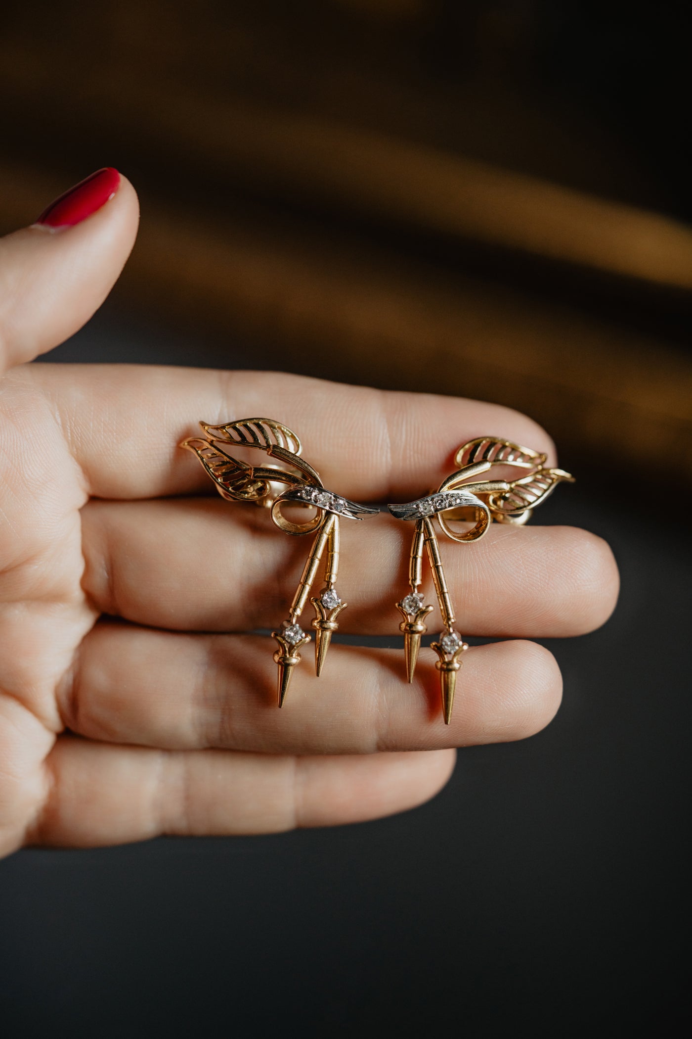 Vintage RETRO Platinum Ear Climber Earrings, Long Drop Diamond Tassel Floral Earrings, Solid 18k 750 Yellow Gold Italian Artisan Jewelry