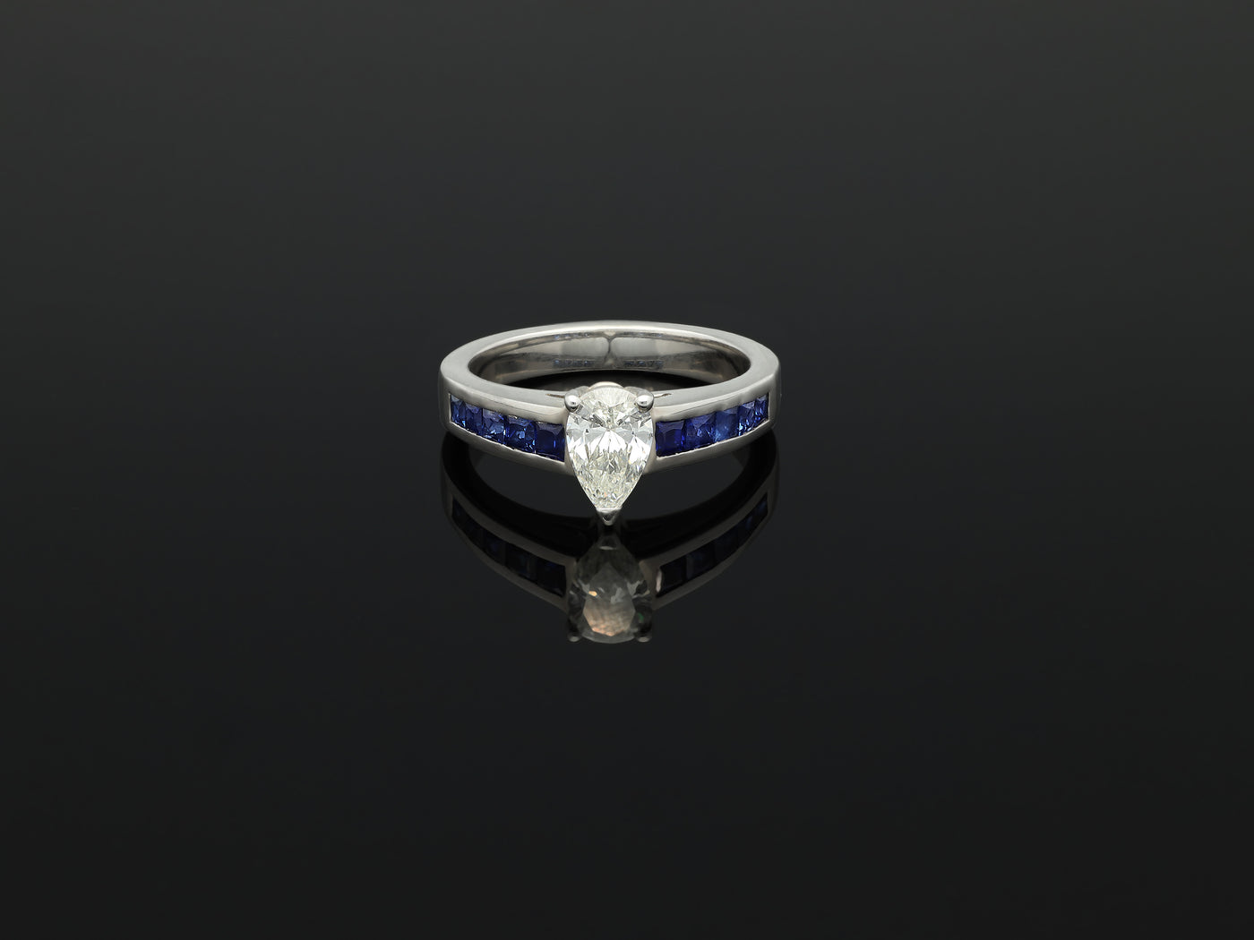 Art Deco 0.75 CT Pear Cut Diamond and Sapphire 18k White Gold Ring, Early 20th Century, France