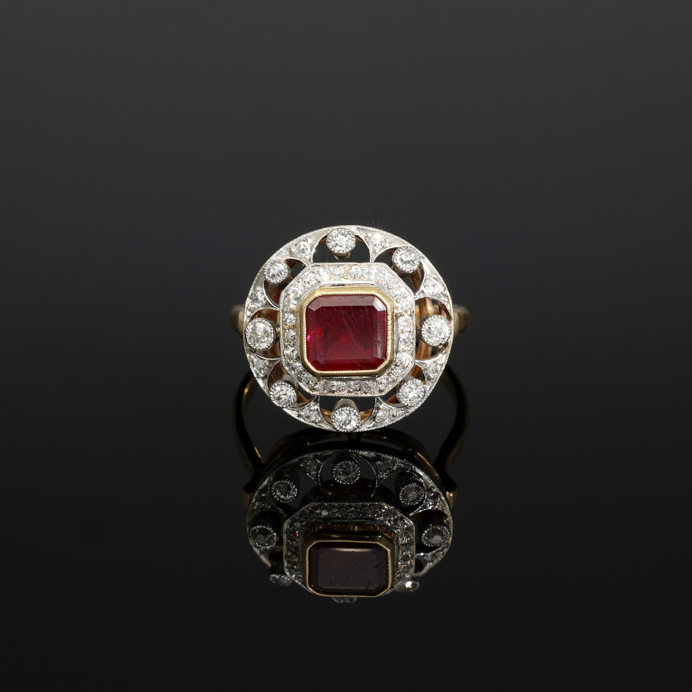 Platinum Antique Edwardian Ruby and Diamond Ring, Cluster Diamond Halo Ring, 1900s Solid 14k 585 Gold Jewelry, Unique Engagement Ring