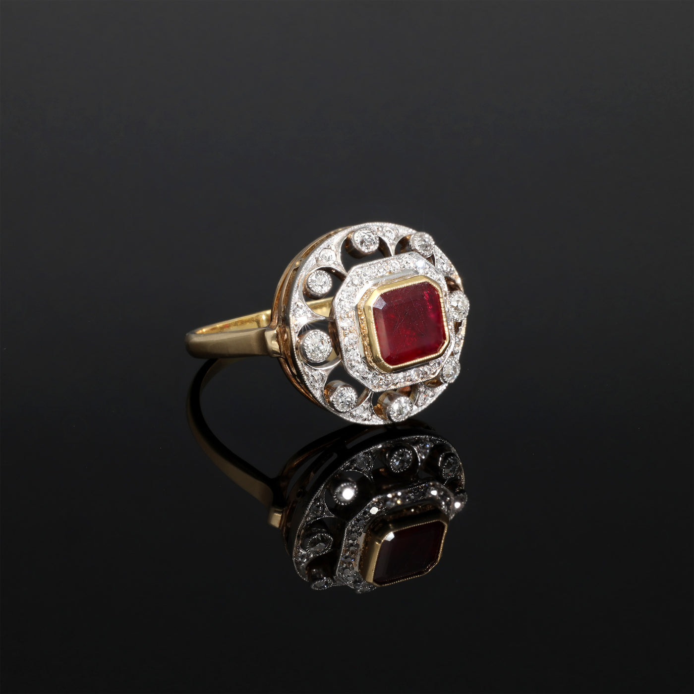 Platinum Antique Edwardian Ruby and Diamond Ring, Cluster Diamond Halo Ring, 1900s Solid 14k 585 Gold Jewelry, Unique Engagement Ring