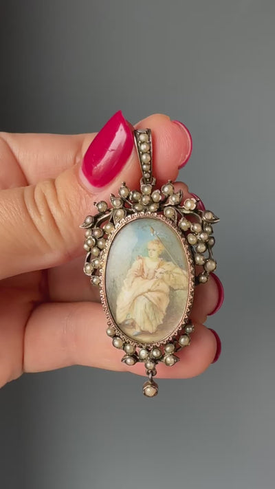 French Antique Victorian Miniature Pearl Locket, Floral Baroque Pendant with Photos, Shepherd Girl and Lamb Painting, Sentimental Jewelry