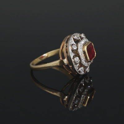 Platinum Antique Edwardian Ruby and Diamond Ring, Cluster Diamond Halo Ring, 1900s Solid 14k 585 Gold Jewelry, Unique Engagement Ring