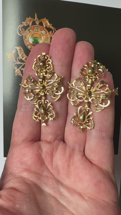 Antique Georgian Era Diamond Rococo Style Earrings, Iberian Jewelry 1700s 18th Century, Solid 15k Yellow Gold, Long Wedding Chandeliers