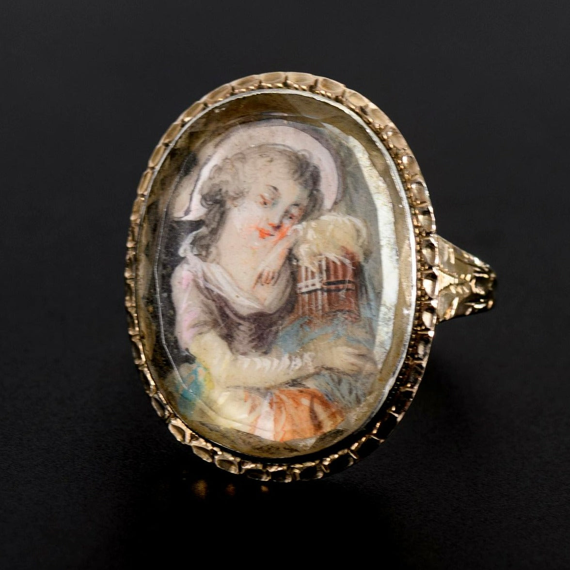 Antique Georgian Miniature Ring, Handmade 1700s Girl with Bird Cage Painting, Solid 9k Gold Portrait, 18th Century Rococo Antique Jewelry