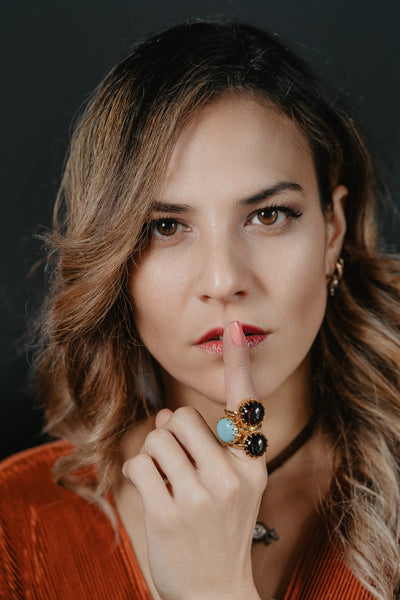 Unisex solid gold ring set with a turquoise cabochon. A stunning revival of the 19th century jewelry designs and heavily inspired by oriental influence.  This ring is skuilfully hand-crafted by our goldsmith from recycled gold and ethically sourced turquoise.