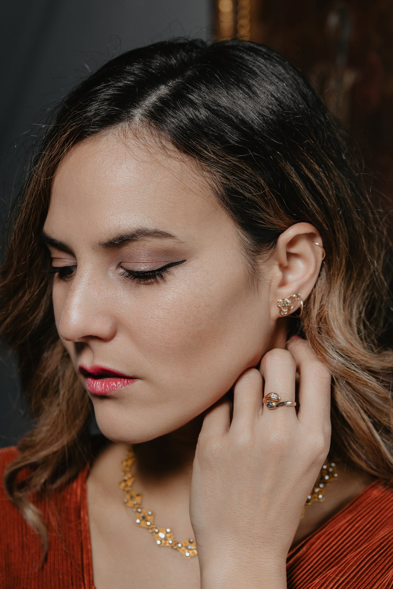 Inspired by the 19th century animal jewelry, these artisan solid gold snake studs are set with the natural precious stones.  Handmade with love and passion, these statement unisex earrings are made of solid 14 carat rose gold and are set with mined natural diamonds and emeralds.  A piece of history to mix-and-match with your ear candies!