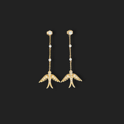 A perfect love token piece of jewelry! Romantic and very symbolic these antique revival drop earrings are handmade by our goldsmiths. Made of solid 10k yellow gold, these beautiful Victorian style swallow earrings are set with natural pearls.